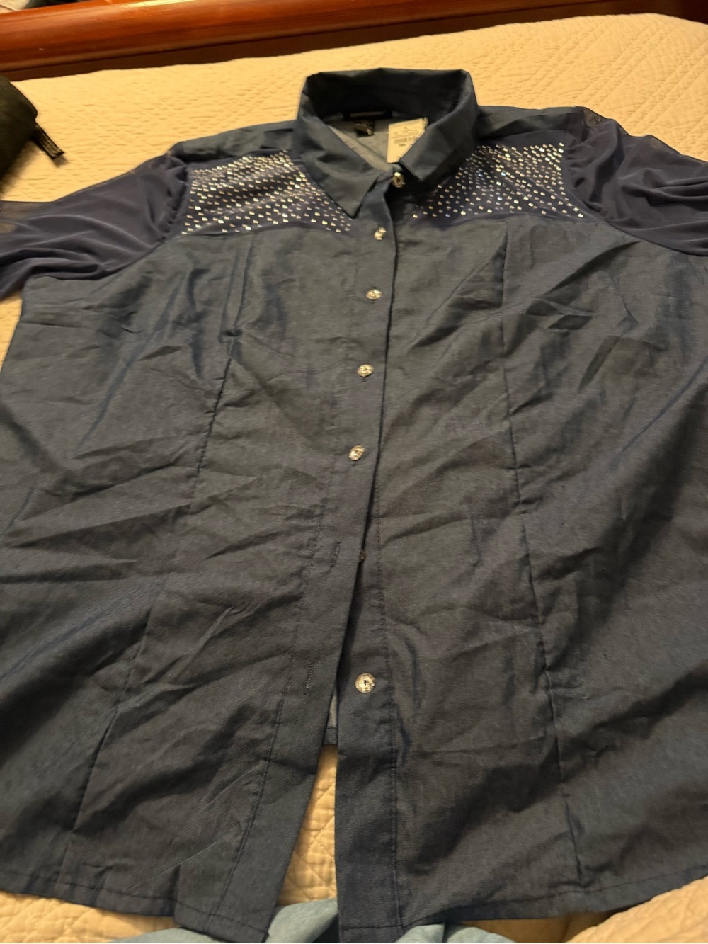 Ashley Stewart Denim Blue Button-Up Shirt with Rhinestone Detail